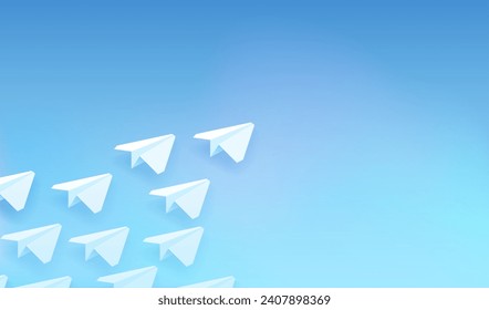 Group of white Flying Paper Airplanes. Concept of friendship and teamwork on common path and direction.
