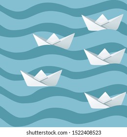Group of white folded paper boats on abstract sea waves flat vector illustration