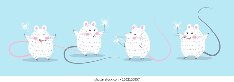 Group of white funny mice celebrate New Year with sparklers and dancing.  Fun company of friends come together.  Horizontal vector illustration.