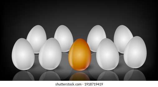 A group of white and one gold eggs on black. Easter poster and banner template. Realistic
 3d vector illustration. Liadership, difference and standing out of crowd concept