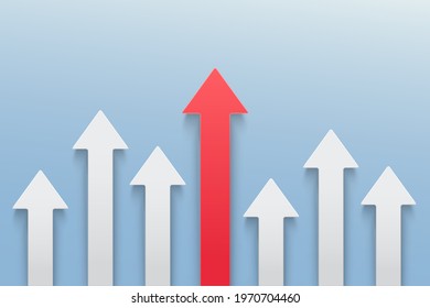 Group white paper arrows directed upwards, progress way and forward achievement creative concept, white arrow up to growth success, 3d render