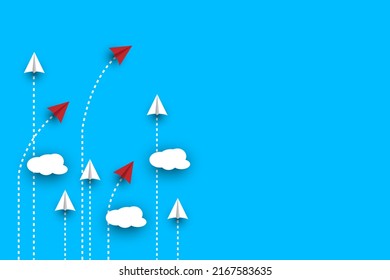 Group of white paper plane in one direction and one red paper plane pointing in different way on blue background. Business for innovative solution concept.