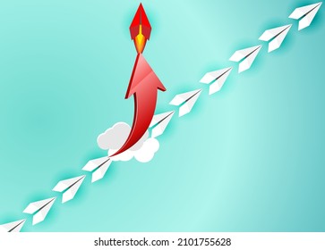 Group of white paper planes fly in a circle and one red paper plane pointing in different way on blue background. Business for new ideas creativity, innovative and solution concept.