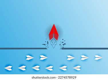 Group of white paper planes fly in a circle and one red paper plane pointing in different way on blue background. Business for new ideas creativity, innovative and solution concept.