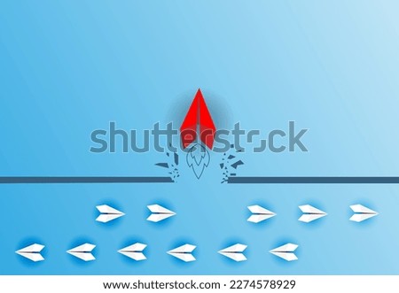 Group of white paper planes fly in a circle and one red paper plane pointing in different way on blue background. Business for new ideas creativity, innovative and solution concept.