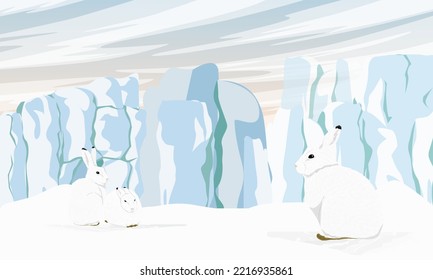 A group of white polar hares near the glacier. Wild animal of the Arctic tundra. Realistic vector northern landscape