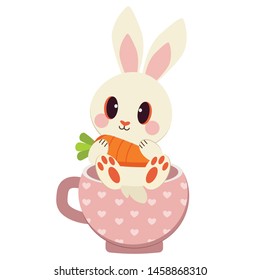 The group of white rabbit and carrot in the cup in flat vector style illustation for banner and wallpaper art,graphic,content , banner, sticker label and greeting card.