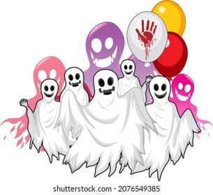 Group of white scary ghosts illustration