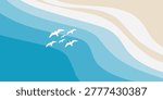 A group of white seagulls in flight above stylized blue ocean waves.