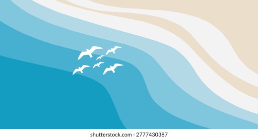 A group of white seagulls in flight above stylized blue ocean waves.