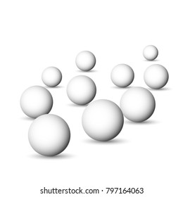 Group of white spheres, balls or orbs. 3D vector objects with dropped shadow on white background.