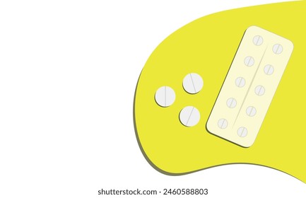 Group of white Tablets pack and Pills. Pharmaceutical Medical cure Medicine on white background and yellow theme. Health care Pharmacy clipart editable vector EPS available