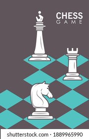 group of white team chess pieces in board blue vector illustration design
