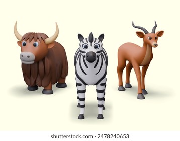 Group of wild 3D animals on yellow background. Concept of ungulate herbivores