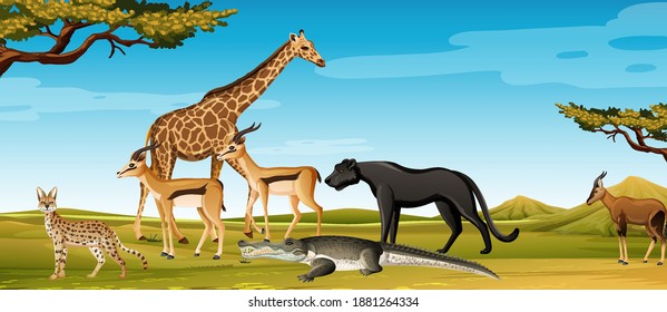 Group of wild african animal in the forest scene illustration