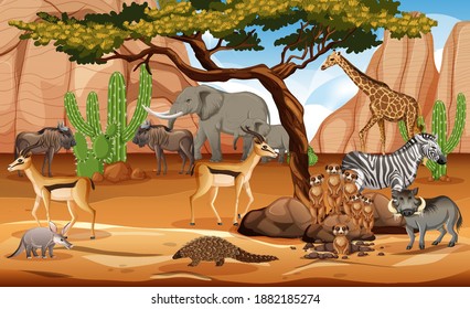 Group of Wild African Animal in the forest scene illustration
