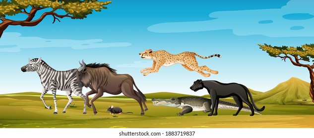 Group of wild african animal in the forest scene illustration