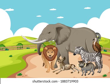 Group of wild african animal in the forest scene illustration