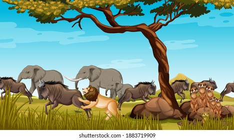 Group of Wild African Animal in the forest scene illustration