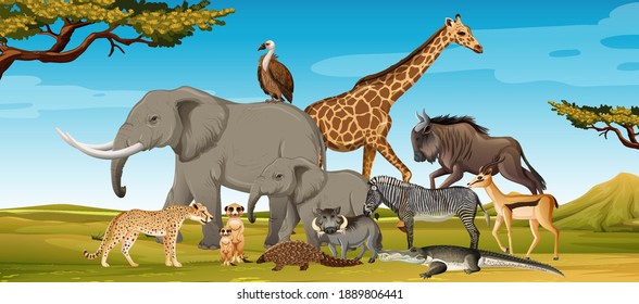 Group of wild african animal in the forest scene illustration