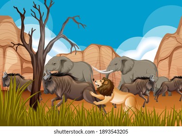 Group of Wild African Animal in the forest scene illustration