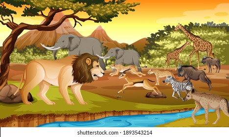 Group of Wild African Animal in the forest scene illustration