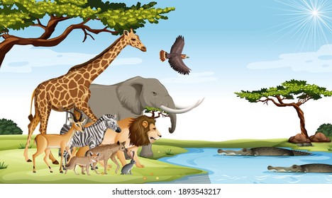 Group of Wild African Animal in the forest scene illustration