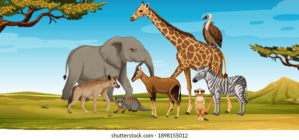 Group of wild african animal in the forest scene illustration