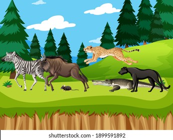 Group of wild african animal in the forest scene illustration
