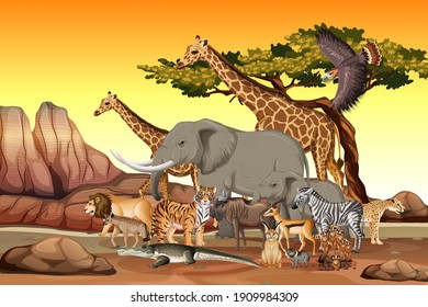 Group Of Wild African Animal In The Forest Scene Illustration