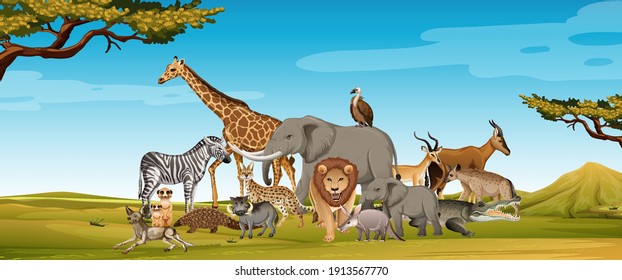 Group of wild african animal in the forest scene illustration