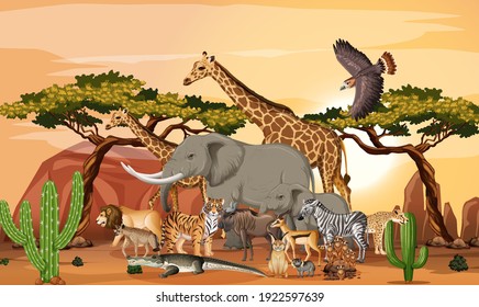 Group of Wild African Animal in the forest scene illustration