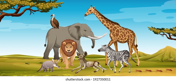 Group of wild african animal in the forest scene illustration