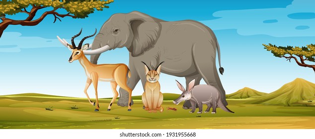 Group of wild african animal in the forest scene illustration