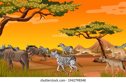 Group of Wild African Animal in the forest scene illustration