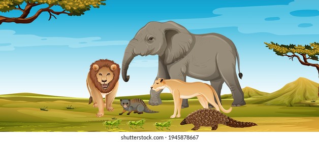Group of wild african animal in the forest scene illustration