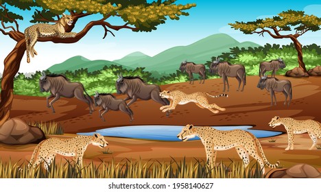 Group of Wild African Animal in the forest scene illustration