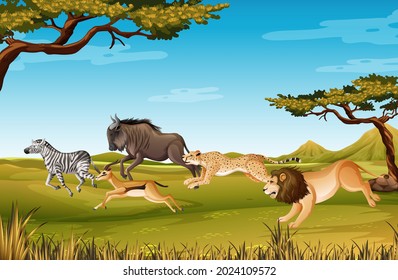 Group of Wild African Animal in the forest scene illustration