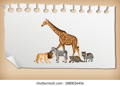 Group of wild african animal on paper  illustration
