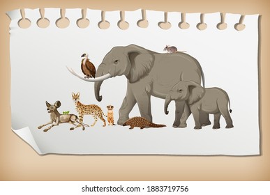 Group of wild african animal on paper  illustration