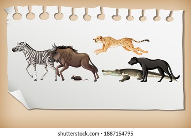 Group of wild african animal on paper  illustration