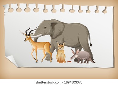 Group of wild african animal on paper  illustration