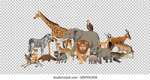 Group of wild african animal on transparent background illustration