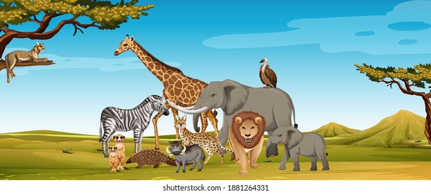 Group of wild african animal in the zoo scene illustration