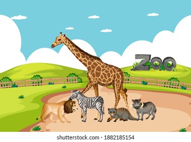 Group of wild african animal in the zoo scene illustration