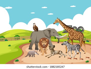 Group of wild african animal in the zoo scene illustration