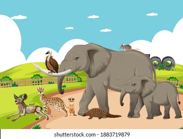 Group of wild african animal in the zoo scene illustration