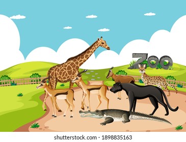 Group of wild african animal in the zoo scene illustration
