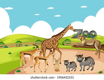 Group Of Wild African Animal In The Zoo Scene Illustration