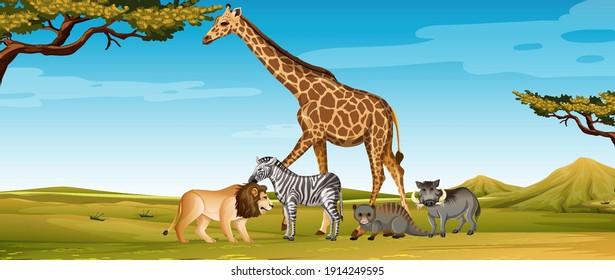 Group of wild african animal in the zoo scene illustration